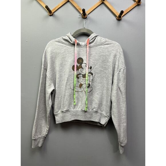 Disney Mickey Mouse Hoodie‎ Women's Small S Grey Crop Pullover Sweater - Picture 1 of 6